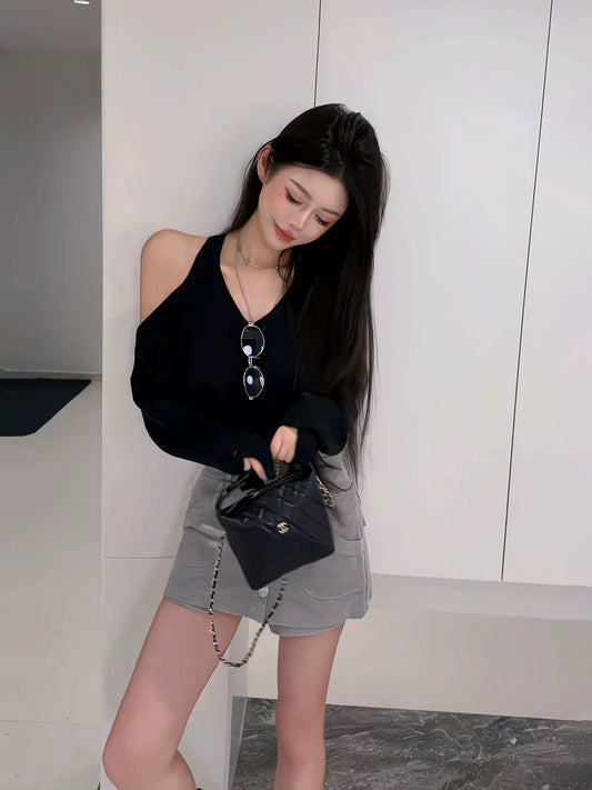 春夏性感V領露肩慵懶褲裙兩件套