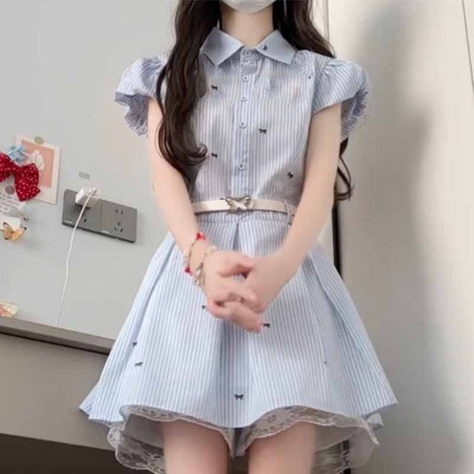 💕現貨秒出🍓韓系小個子藍色條紋襯衫連衣裙
