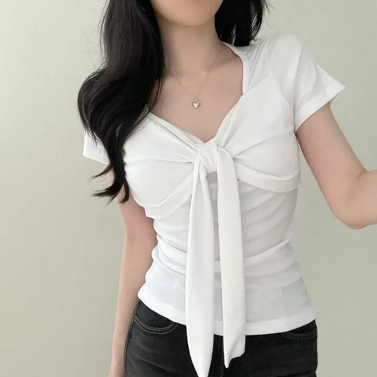 💕現貨秒出🍓韓系chic溫柔V領蝴蝶結短袖上衣