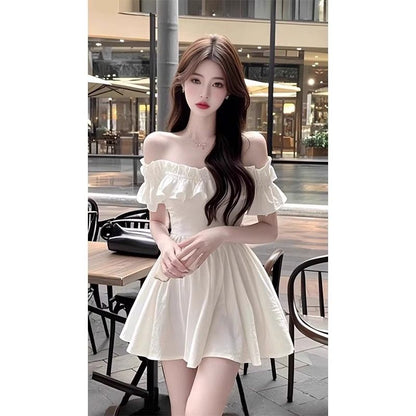 💕現貨秒出🍓一字肩木耳邊短洋裝