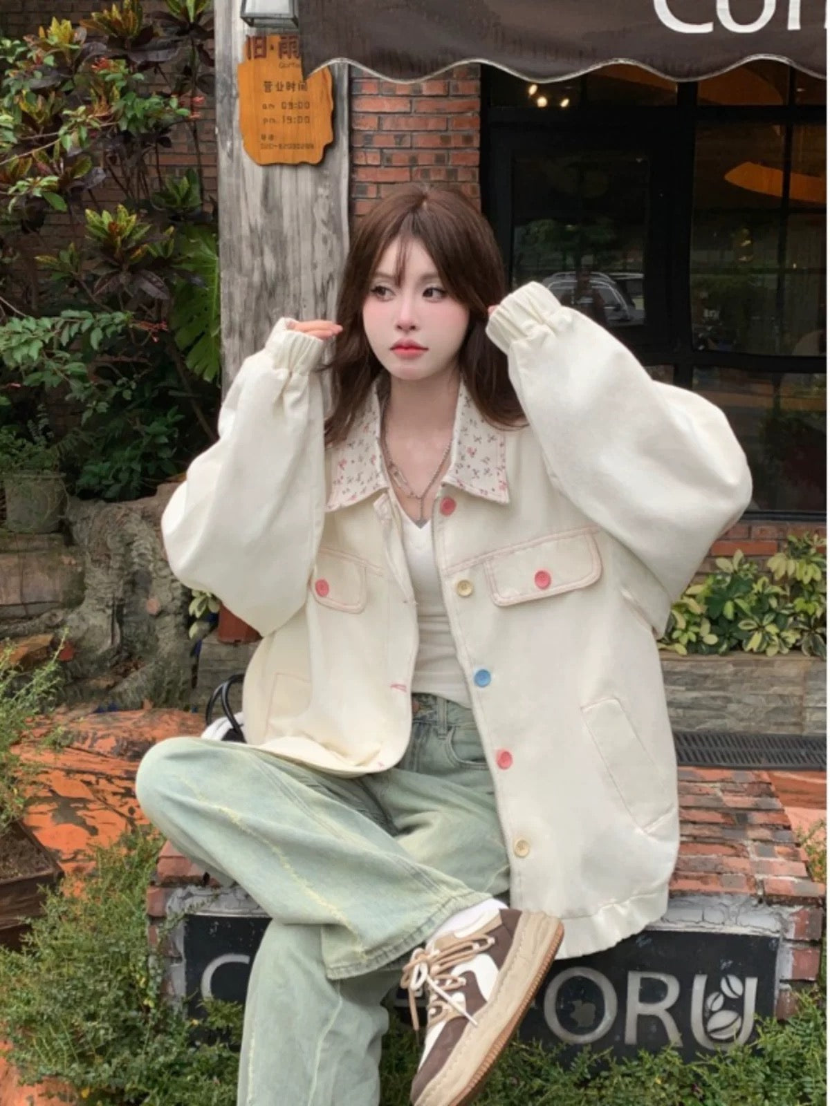 繽紛彩色扣小碎花翻領牛仔外套