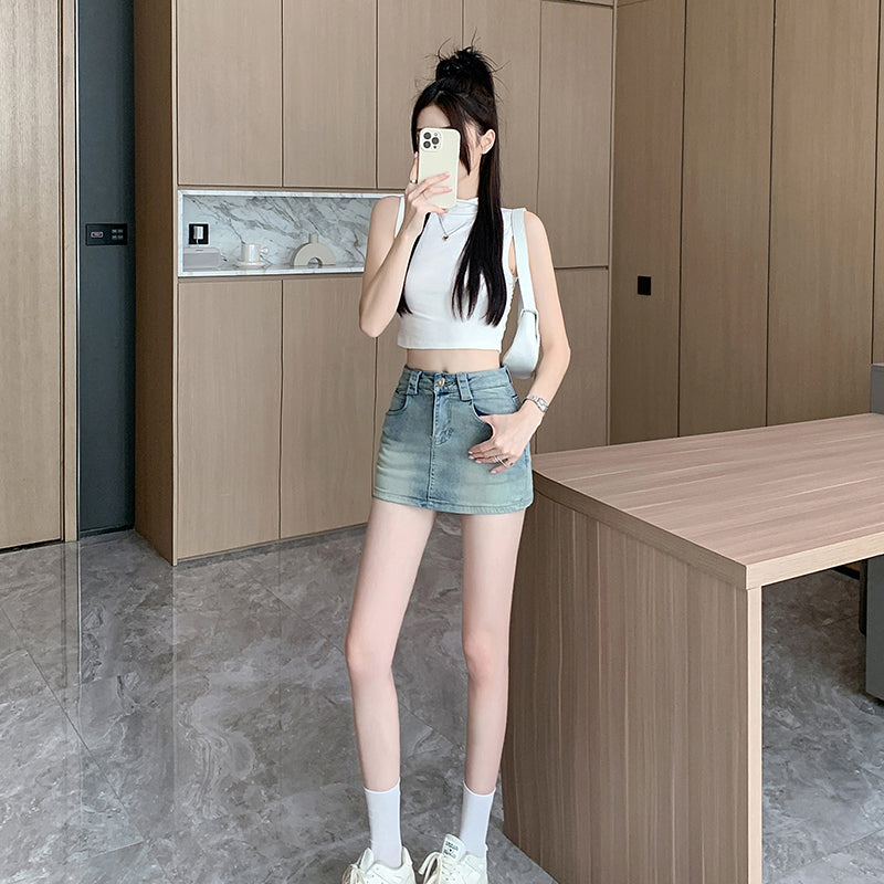 💕現貨秒出🍓復古水洗牛仔高腰短褲裙