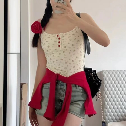 韓系甜美碎花吊帶修身顯瘦短袖上衣