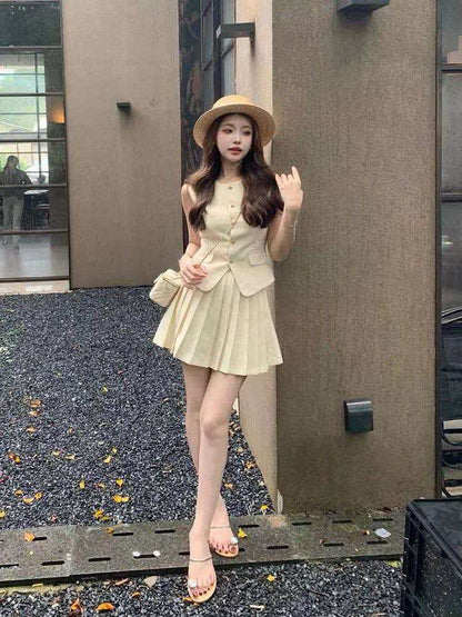 💕現貨秒出🍓高級復古小香風無袖上衣&高腰百褶裙兩件套