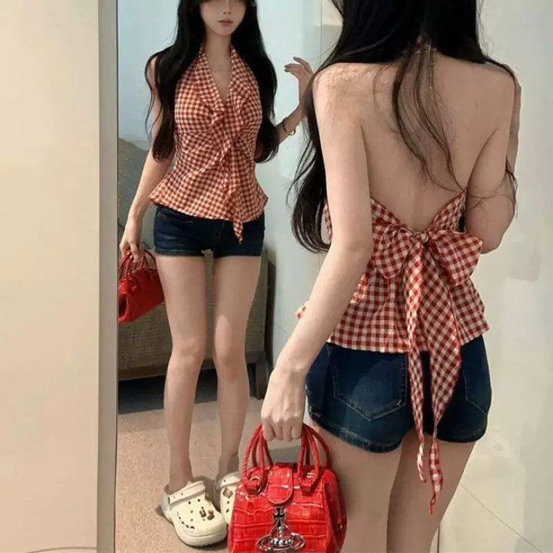 🕶️夏日紅色格子無袖掛脖背心❤️