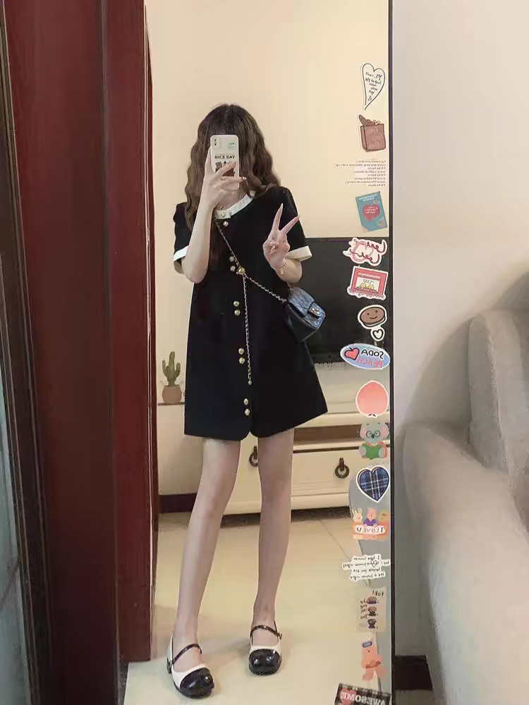 法式氣質正肩小香風短袖連衣短裙