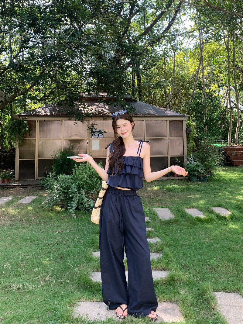 春夏清冷系荷葉邊配長褲兩件套