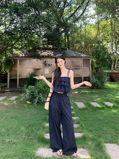 春夏清冷系荷葉邊配長褲兩件套