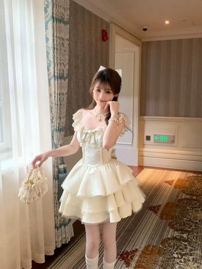 💕現貨秒出🍓溫柔蝴蝶結小飛袖公主澎澎裙