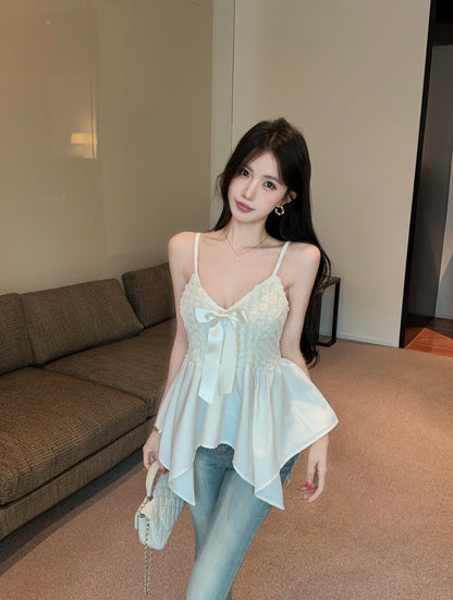 溫柔蝴蝶結V領吊帶不規則裙襬上衣