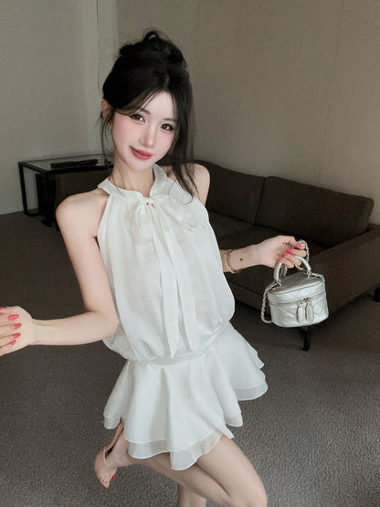 蝴蝶結掛脖無袖蛋糕連衣短裙