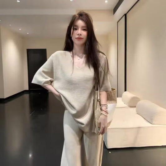 💕現貨秒出🍓懶人必備韓系溫柔V領短袖兩件套