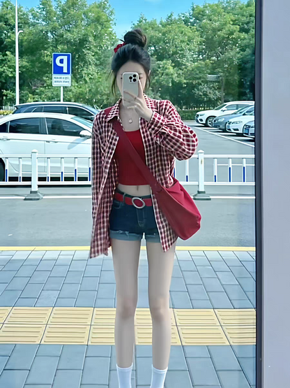 慵懶百搭紅色格子襯衫防曬外搭