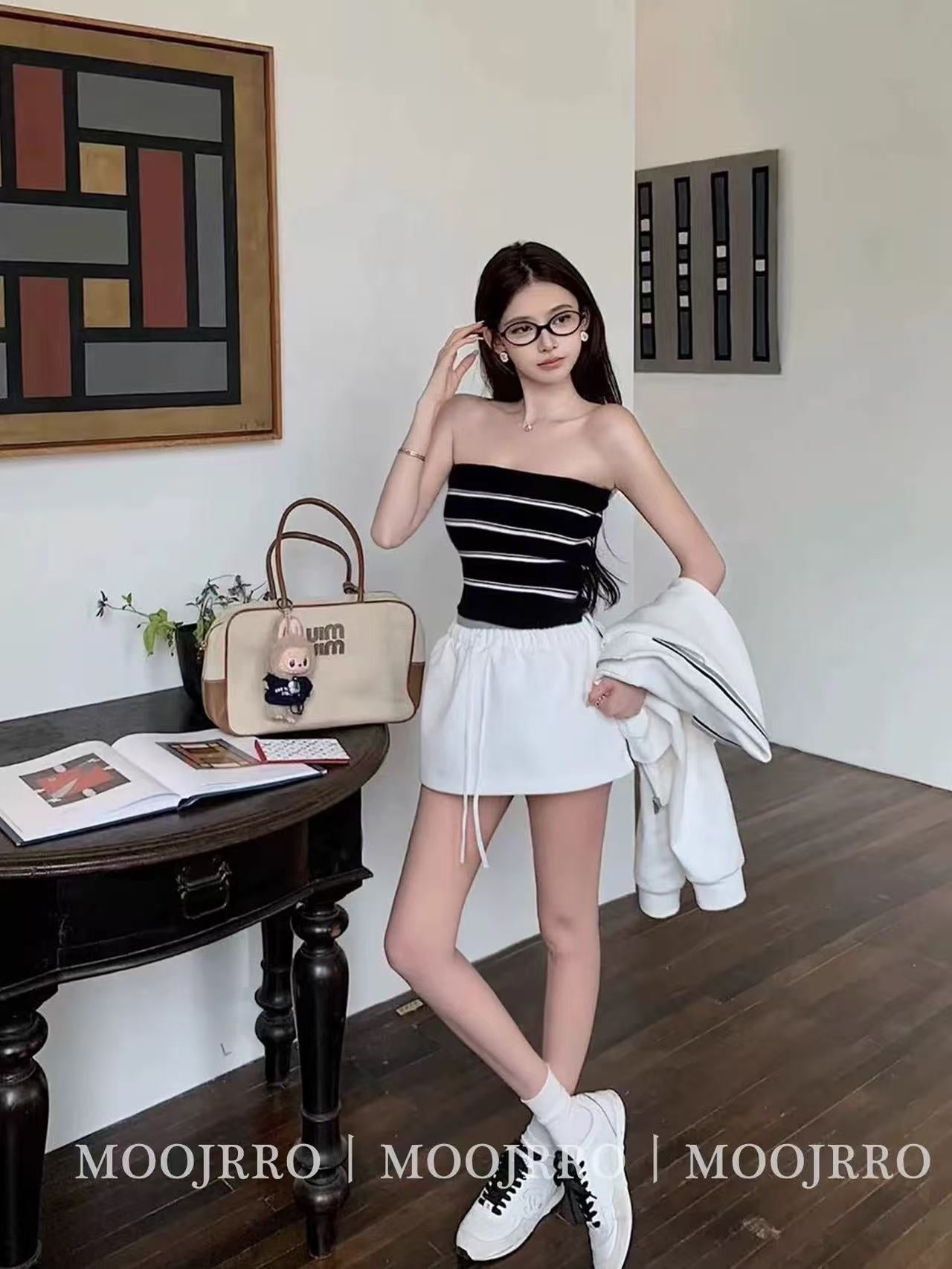 百搭休閒高級撞色抹胸背心&開衩長裙兩件套