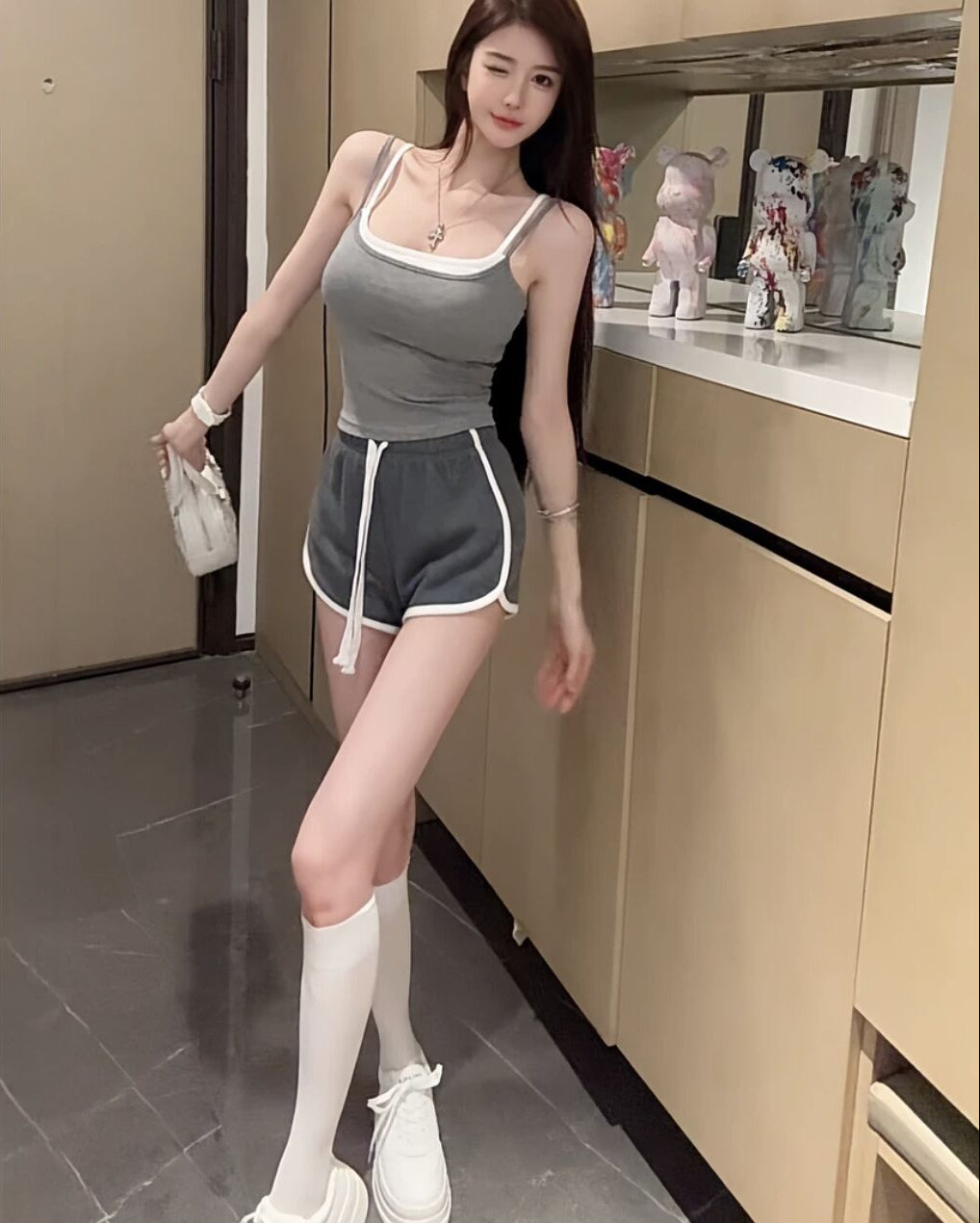 休閒假兩件帶胸墊背心&短褲+罩衫三件套