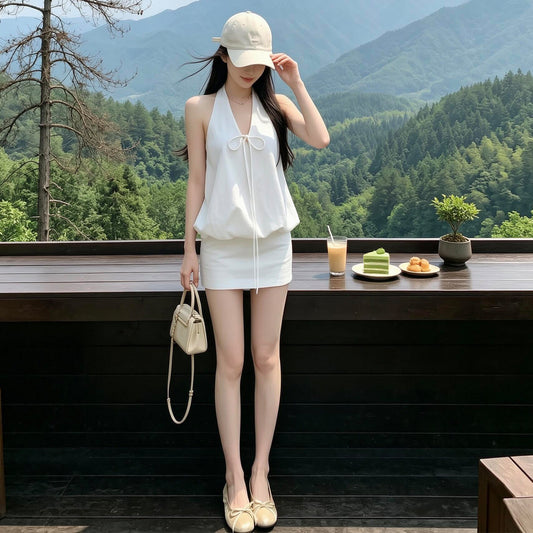 💕現貨秒出🍓韓系白色V領掛脖無袖包臀兩件套
