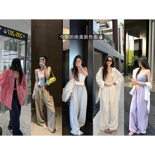 鬆弛休閒極簡寬鬆麻長褲