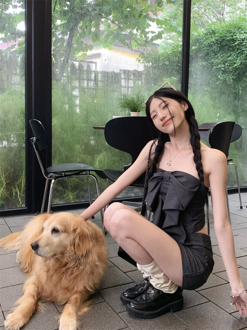 條紋抹胸氣質短裙兩件套