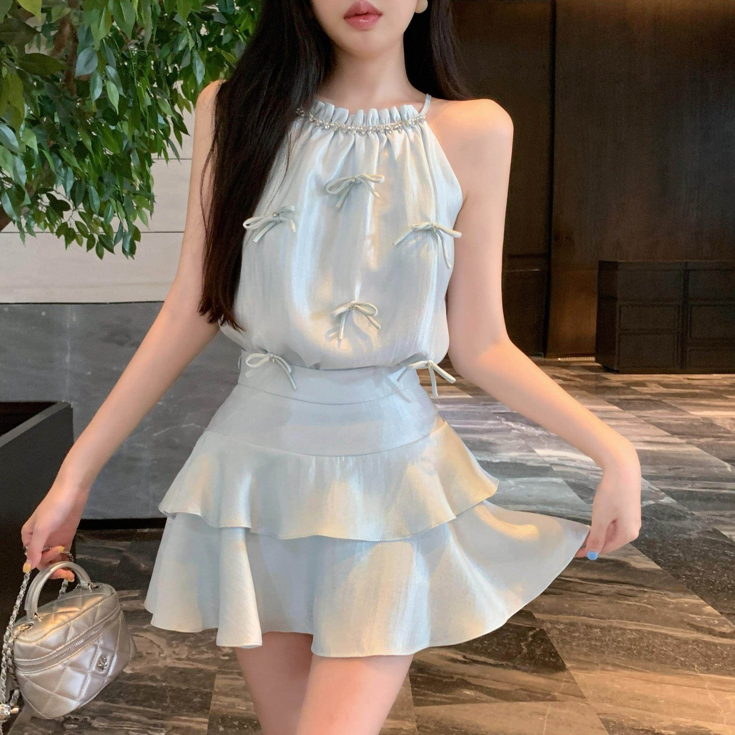蝴蝶結掛脖背心蛋糕裙兩件套