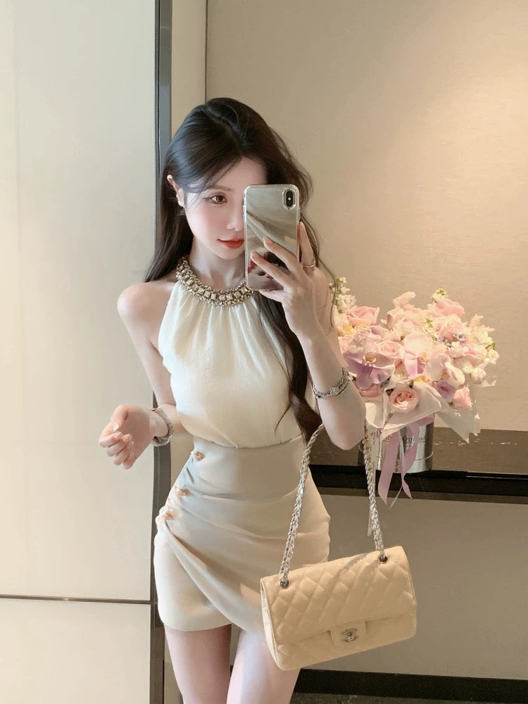 氣質鑲鑽雪紡上衣高腰裙兩件套💕