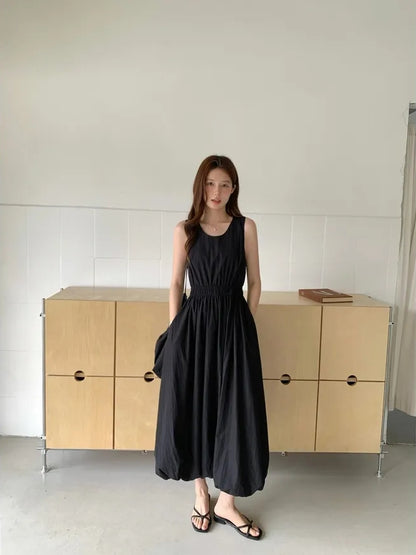 chic韓系夏季法式無袖背心花苞連衣裙