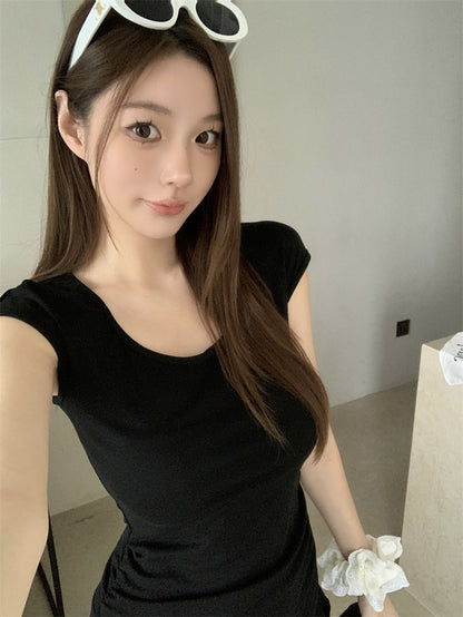 💕現貨秒出🍓經典百搭性感U領短袖連衣短裙