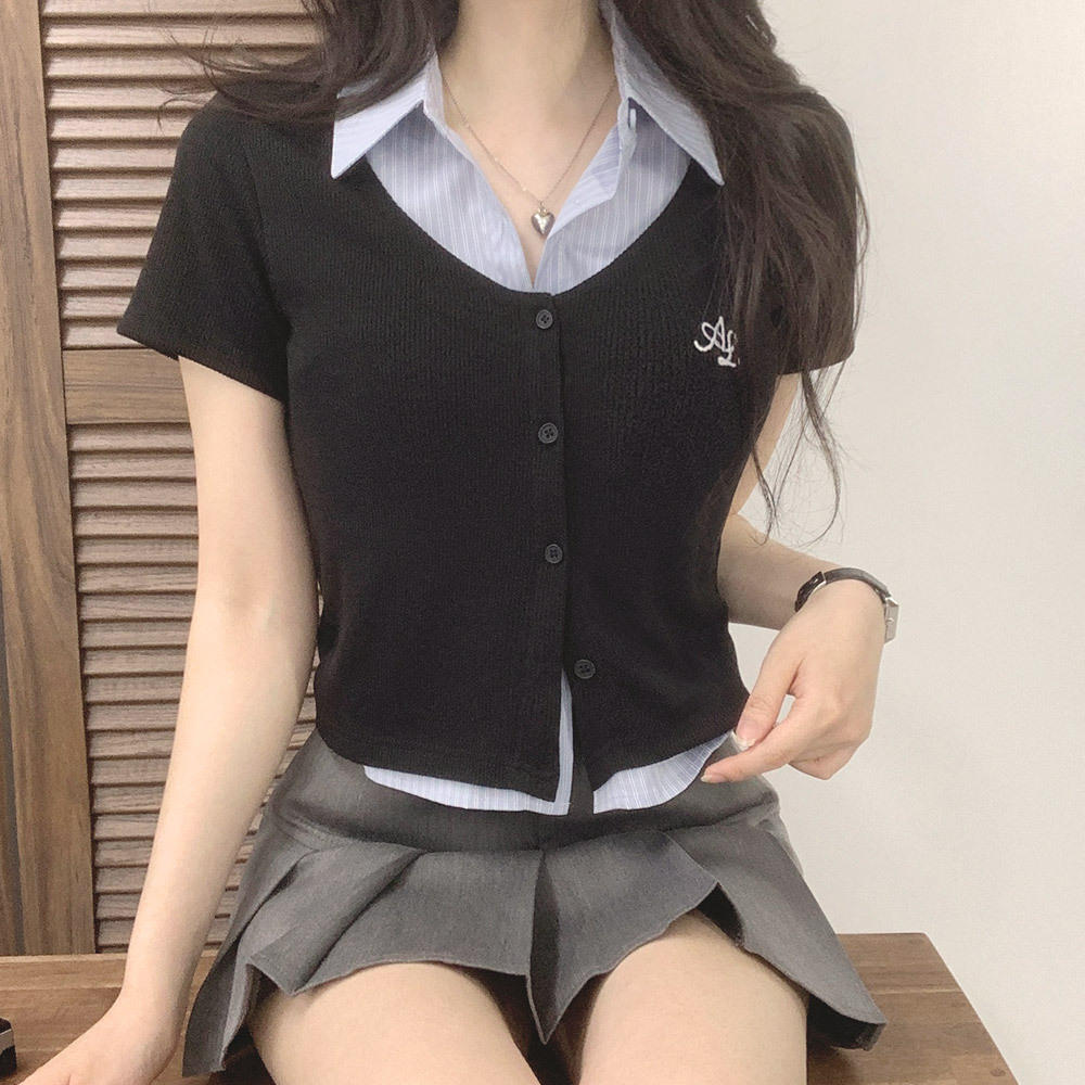 chic韓系假兩件POLO領襯衫上衣