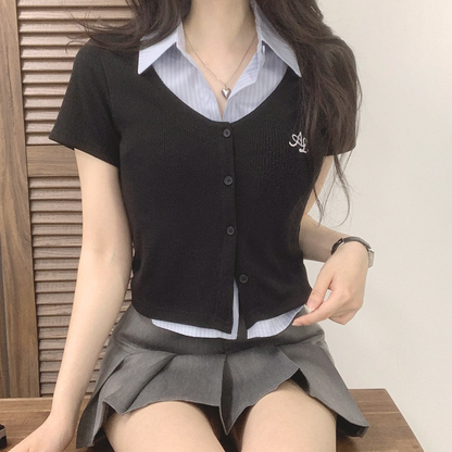 chic韓系假兩件POLO領襯衫上衣