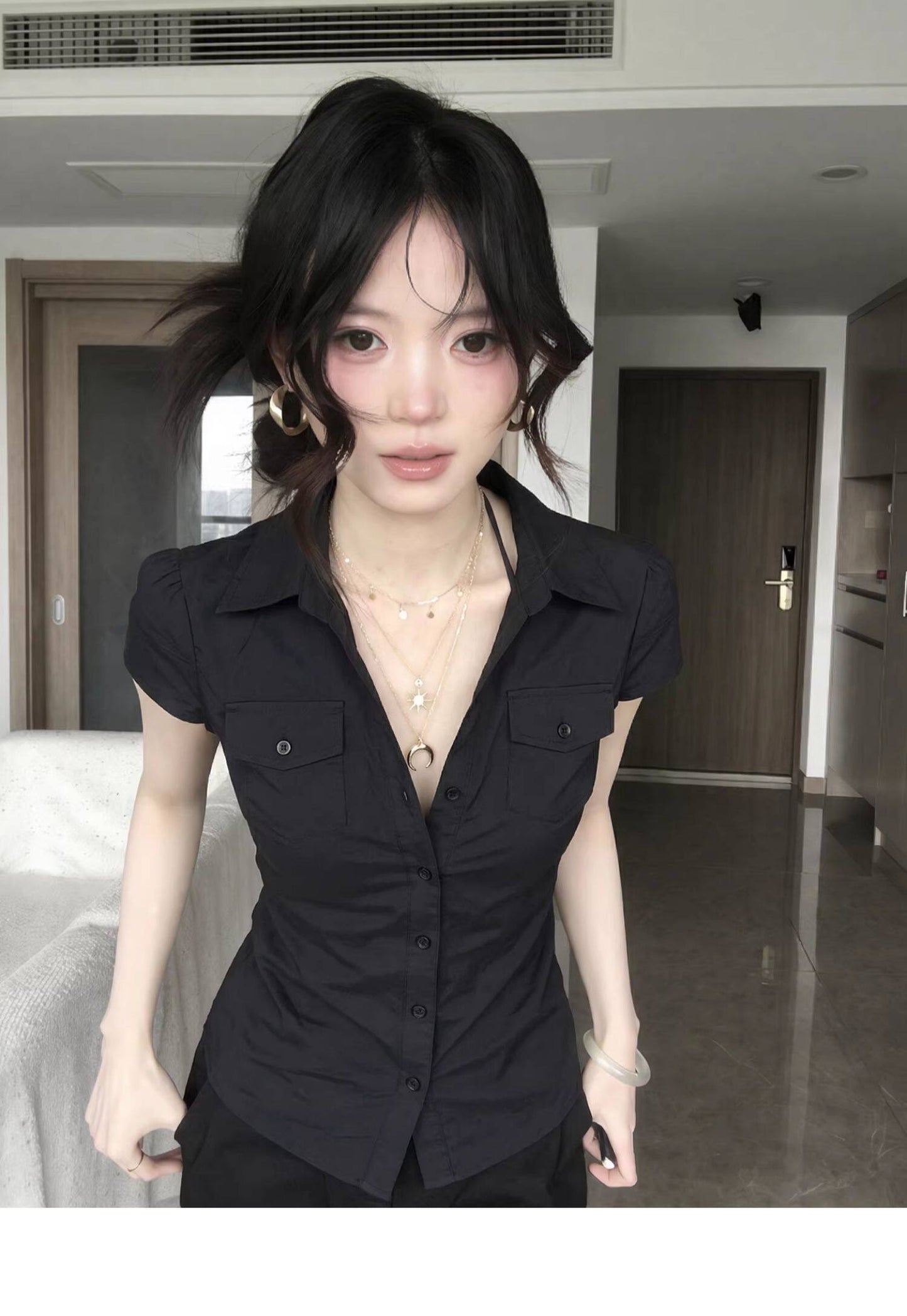 通勤氣質翻領短袖收腰顯瘦襯衫