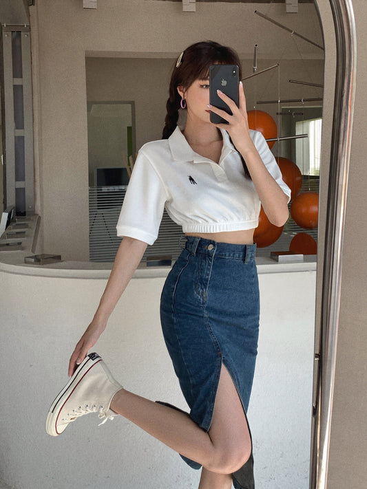 💕現貨秒出🍓高腰顯瘦牛仔半身開衩包臀裙