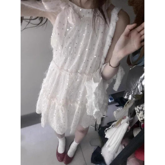 蝴蝶結系帶亮片掛脖娃娃裙