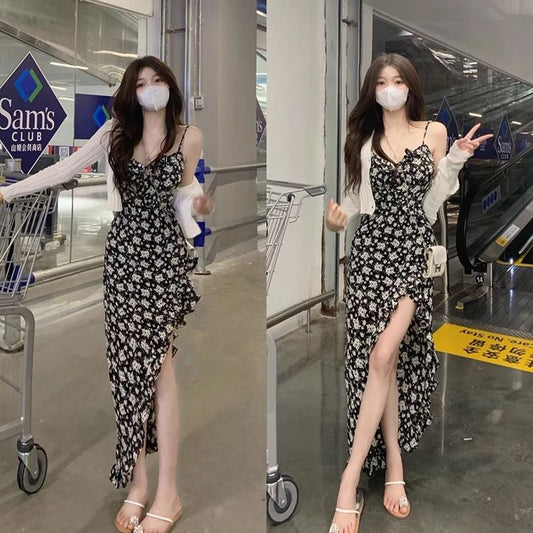 溫柔輕熟碎花吊帶側開顯瘦連衣裙