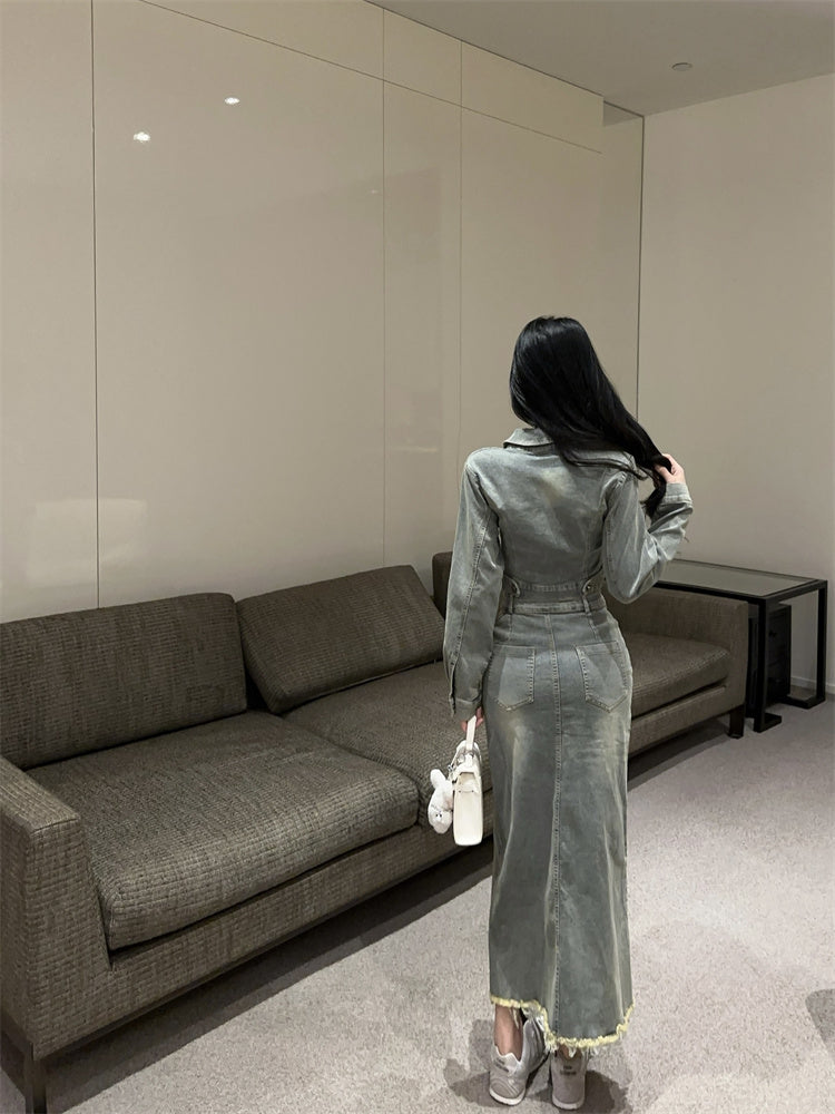 美式復古辣妹高腰開衩牛仔裙套裝