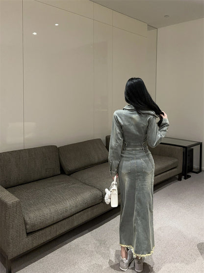 美式復古辣妹高腰開衩牛仔裙套裝