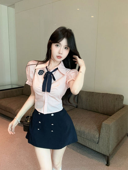 韓系jk學院風襯衫高腰短裙兩件套