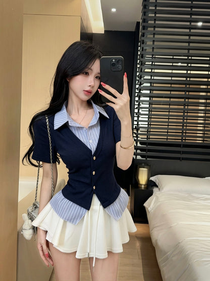 韓系假兩件拼接短袖襯衫上衣