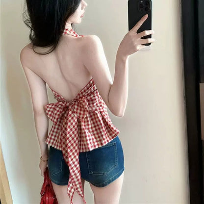 🕶️夏日紅色格子無袖掛脖背心❤️