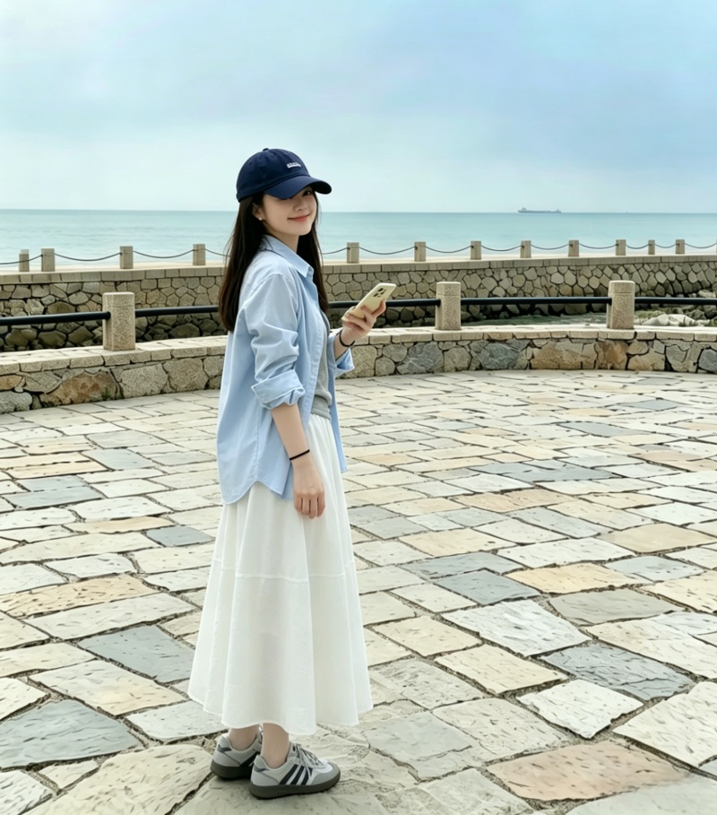 休閒藍色長袖寬鬆半身裙三件套