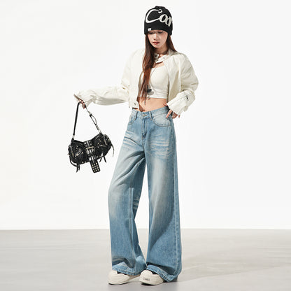 美式淺藍摺痕闊腿牛仔褲👖
