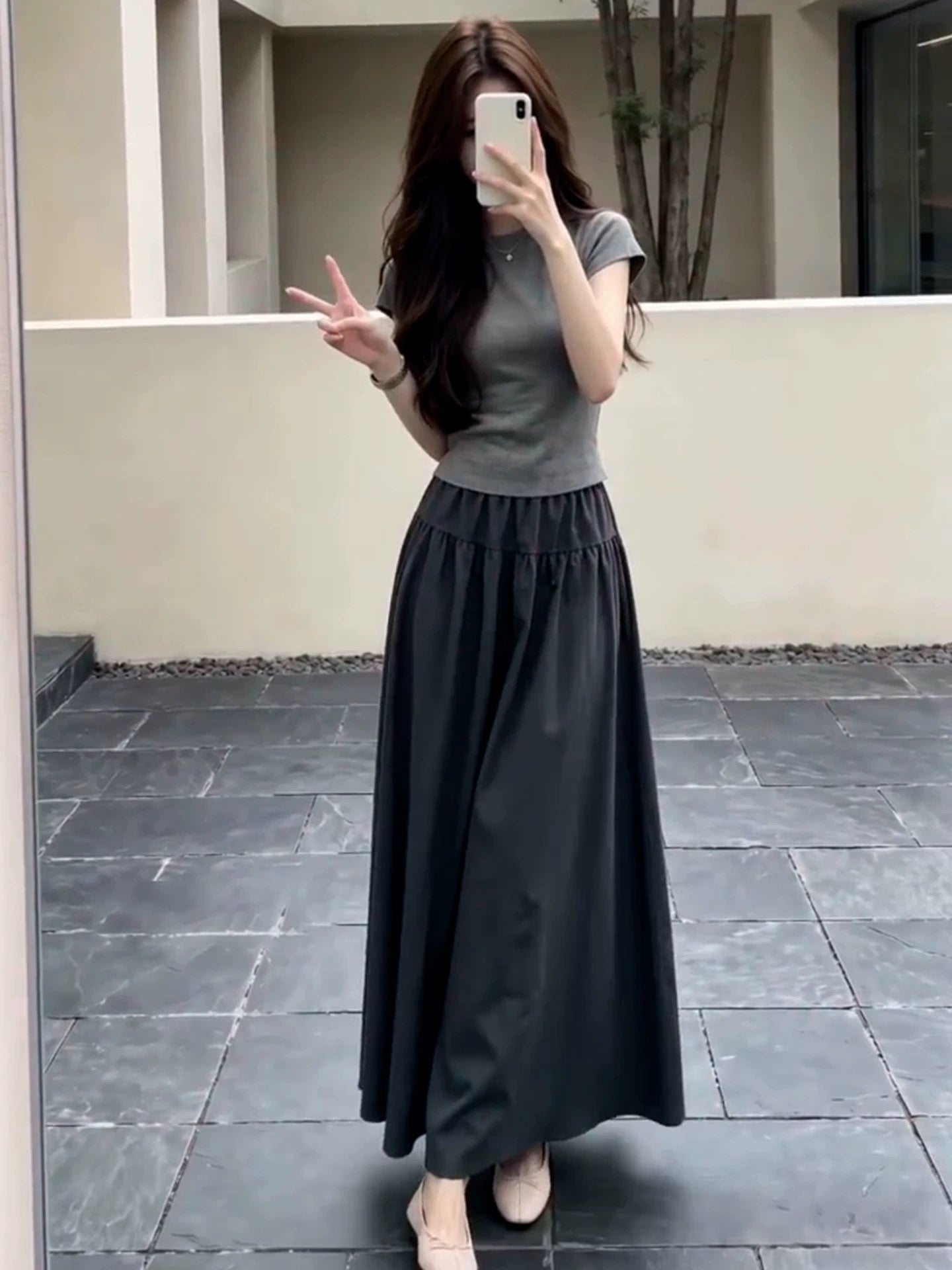韓系溫柔一整套灰色小個子連衣裙