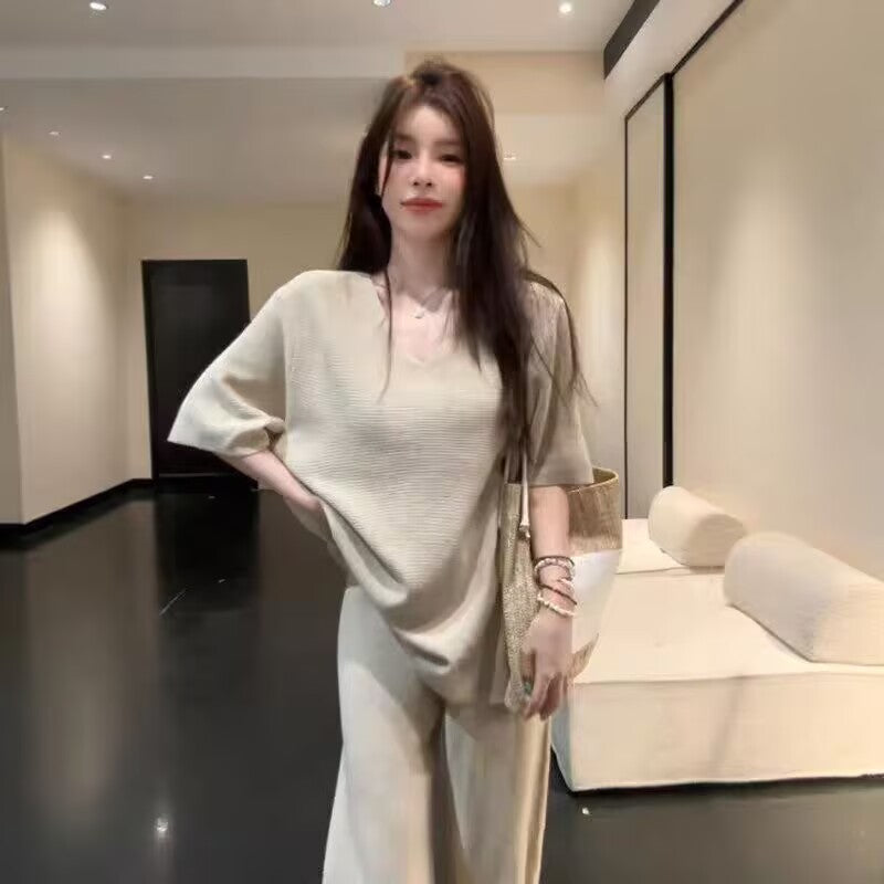 懶人必備韓系溫柔V領短袖兩件套