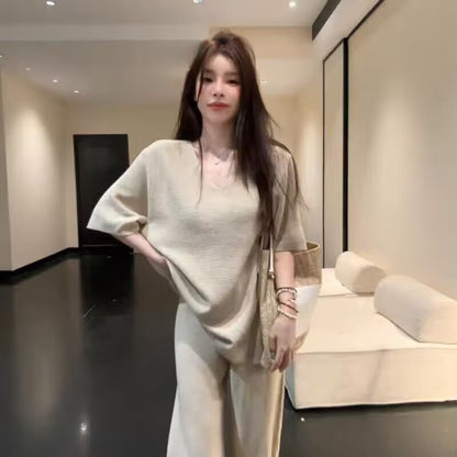 懶人必備韓系溫柔V領短袖兩件套