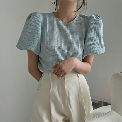 韓系甜美溫柔華夫格圓領泡泡袖上衣