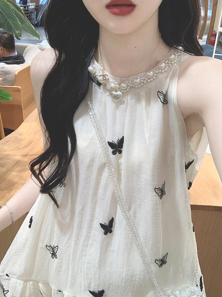 💕現貨秒出🍓氣質無袖掛脖刺繡蝴蝶連衣長裙