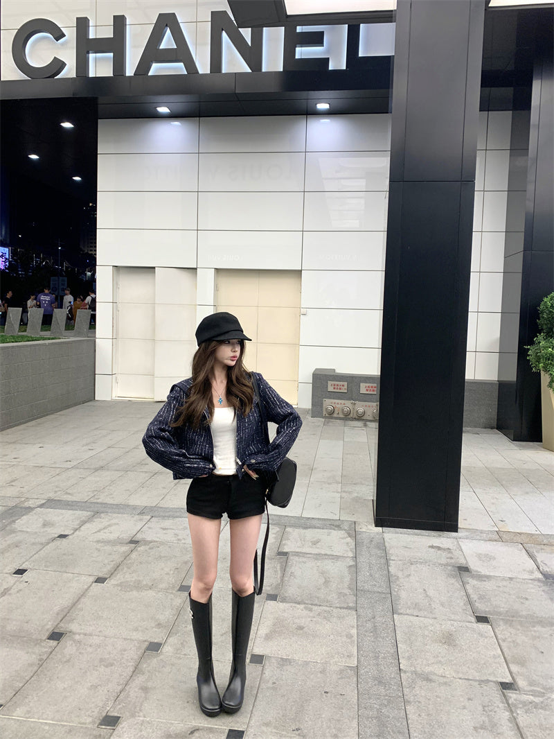 不一樣的輕奢小香藍色連帽外套