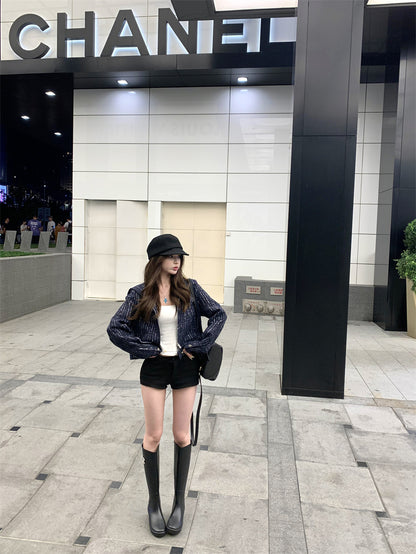 不一樣的輕奢小香藍色連帽外套