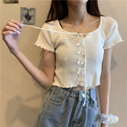 💕現貨秒出🍓chic韓系簡約方領針織短袖上衣
