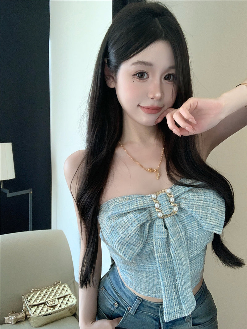 小香風修身蝴蝶結摺皺抹胸背心