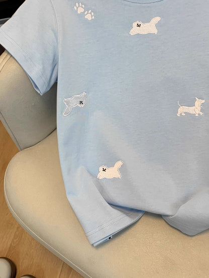 韓系刺繡小白貓圓領修身短袖上衣