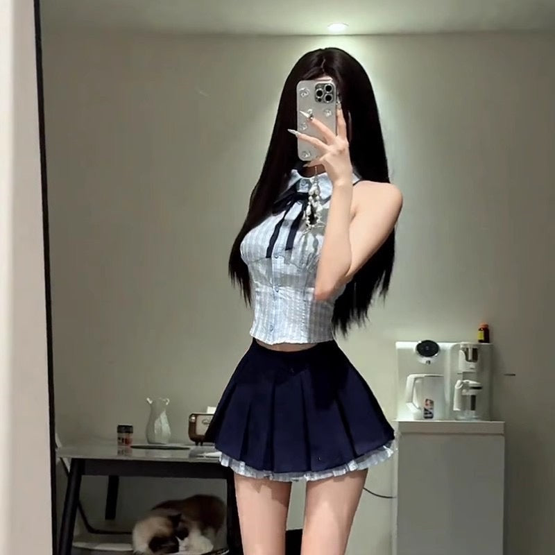 學院風無袖百褶裙套裝